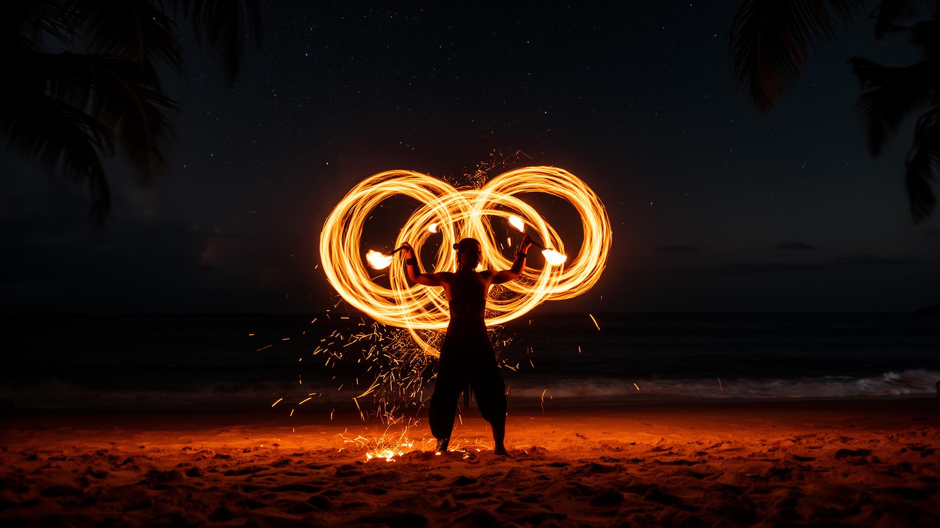 Fire performer spinning flames on Alona beach at night